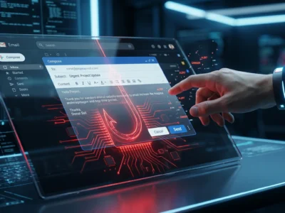 Ilustrare a unui atac de **phishing avansat** prin e-mail unde inteligenta artificiala ascunde amenintarea in spatele unei interfete profesionale