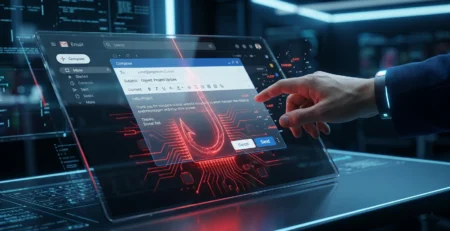 Ilustrare a unui atac de **phishing avansat** prin e-mail unde inteligenta artificiala ascunde amenintarea in spatele unei interfete profesionale