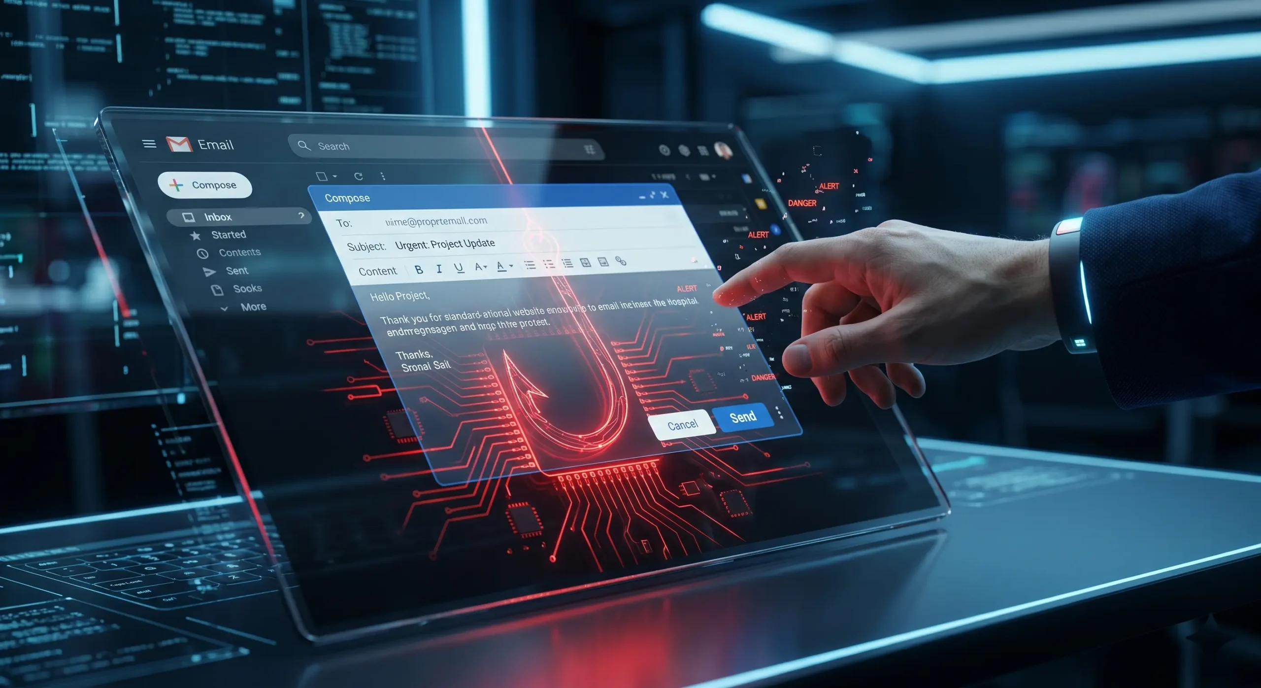 Ilustrare a unui atac de **phishing avansat** prin e-mail unde inteligenta artificiala ascunde amenintarea in spatele unei interfete profesionale