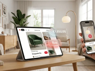 Ilustratie conceptuala Pinterest 2026 reprezentand functia de cautare vizuala prin AI si pinurile shoppable care permit cumpararea directa a produselor din imagini fara a parasi platforma