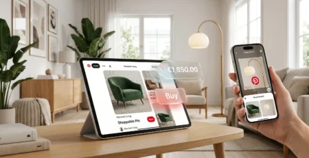 Ilustratie conceptuala Pinterest 2026 reprezentand functia de cautare vizuala prin AI si pinurile shoppable care permit cumpararea directa a produselor din imagini fara a parasi platforma