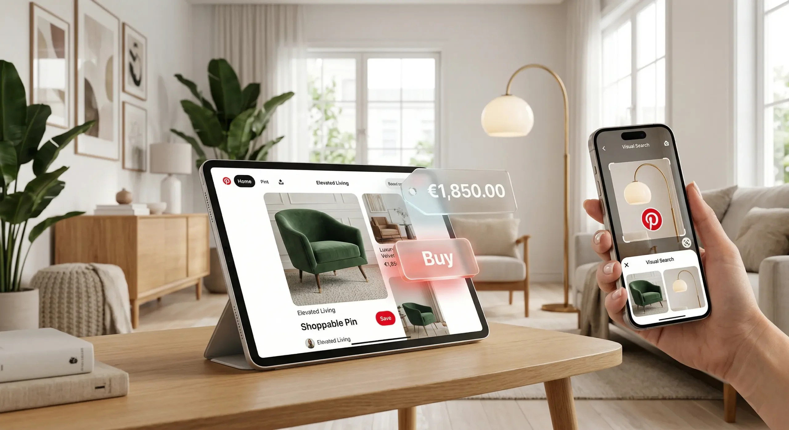 Ilustratie conceptuala Pinterest 2026 reprezentand functia de cautare vizuala prin AI si pinurile shoppable care permit cumpararea directa a produselor din imagini fara a parasi platforma