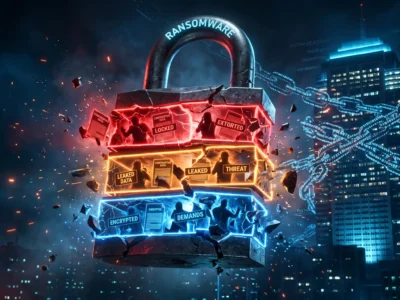 Reprezentare vizuala a atacului **Ransomware 3.0** prin extorcare multi-nivel asupra unei companii in 2026