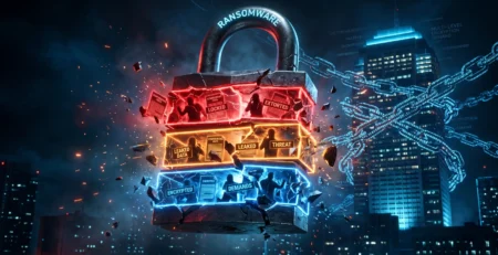 Reprezentare vizuala a atacului **Ransomware 3.0** prin extorcare multi-nivel asupra unei companii in 2026