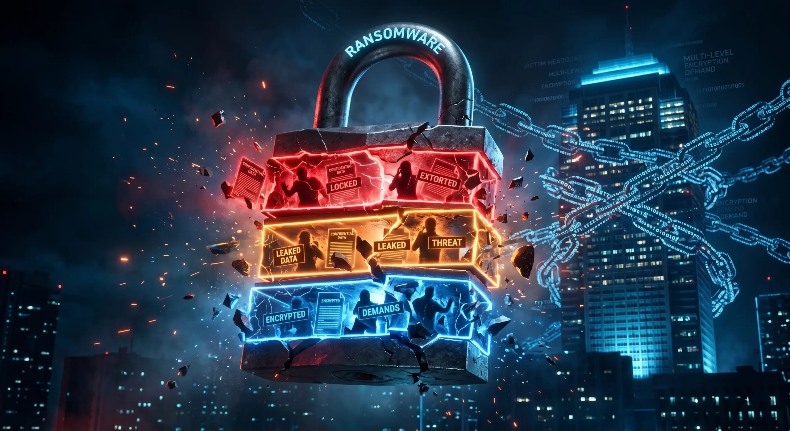 Reprezentare vizuala a atacului **Ransomware 3.0** prin extorcare multi-nivel asupra unei companii in 2026