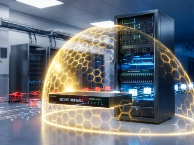 Ilustrare a unui **firewall** securizat care protejeaza infrastructura de retea impotriva atacurilor cibernetice in 2026