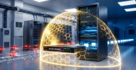 Ilustrare a unui **firewall** securizat care protejeaza infrastructura de retea impotriva atacurilor cibernetice in 2026