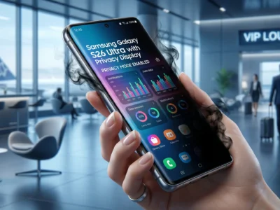 Reprezentare pentru **Samsung Galaxy S26 Ultra** si modul in care tehnologia **Privacy Display** protejeaza ecranul in 2026