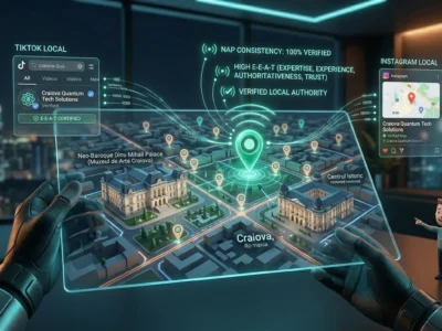 Ilustratie conceptuala despre SEO local in 2026, reprezentand o harta digitala 3D pe care afacerile optimizate stralucesc intens, conectate fiind si la cautarile locale de pe TikTok si Instagram, simbolizand importanta proximitatii si a datelor consistente