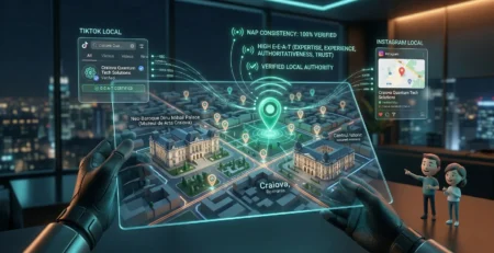 Ilustratie conceptuala despre SEO local in 2026, reprezentand o harta digitala 3D pe care afacerile optimizate stralucesc intens, conectate fiind si la cautarile locale de pe TikTok si Instagram, simbolizand importanta proximitatii si a datelor consistente