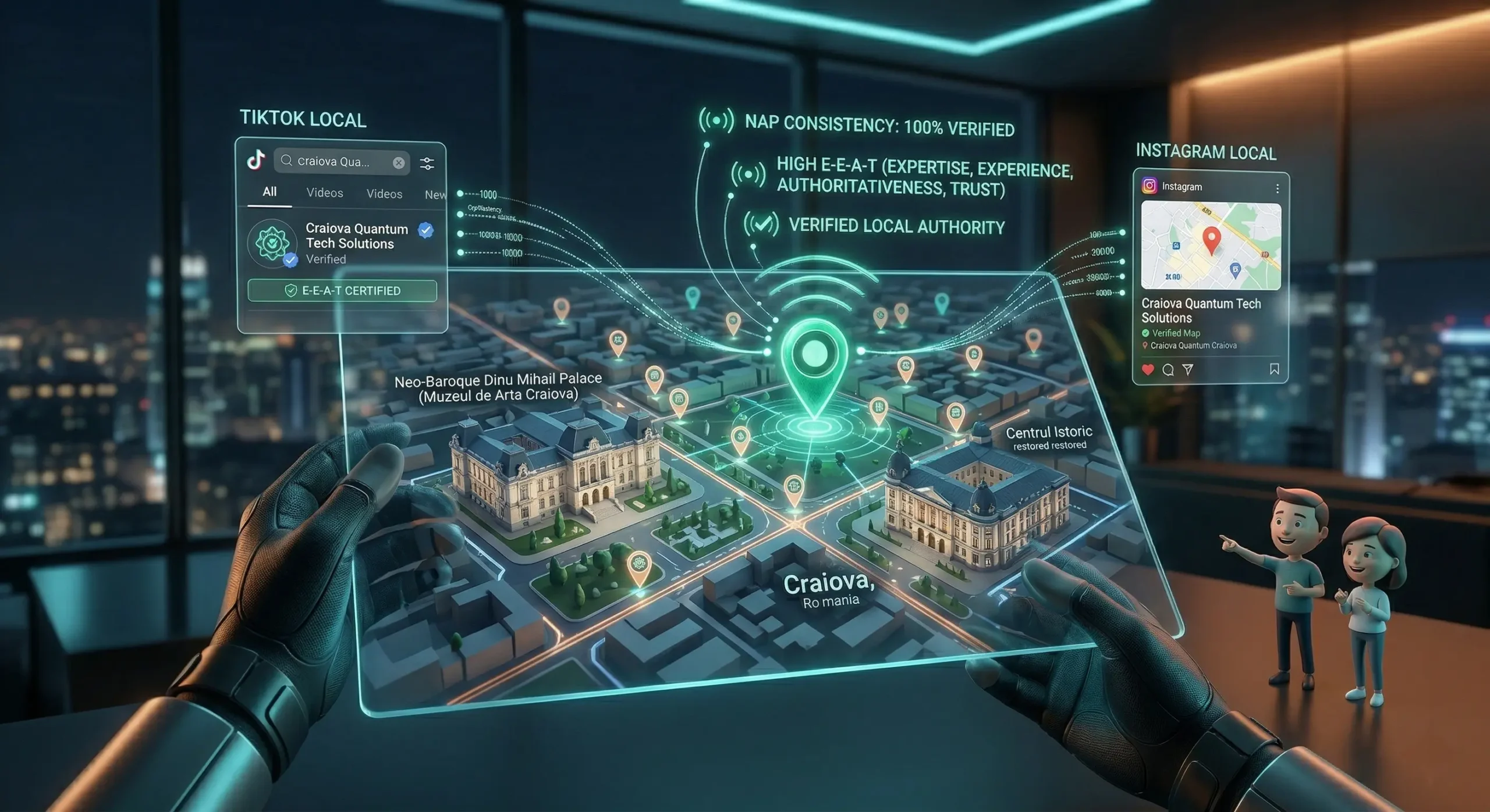 Ilustratie conceptuala despre SEO local in 2026, reprezentand o harta digitala 3D pe care afacerile optimizate stralucesc intens, conectate fiind si la cautarile locale de pe TikTok si Instagram, simbolizand importanta proximitatii si a datelor consistente