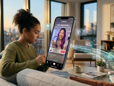 Ilustratie conceptuala despre Social Commerce in 2026, reprezentand procesul de cumparare directa dintr-un videoclip social media prin interfete integrate care permit achizitia instantanee fara a parasi aplicatia