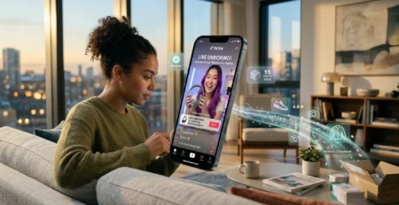 Ilustratie conceptuala despre Social Commerce in 2026, reprezentand procesul de cumparare directa dintr-un videoclip social media prin interfete integrate care permit achizitia instantanee fara a parasi aplicatia