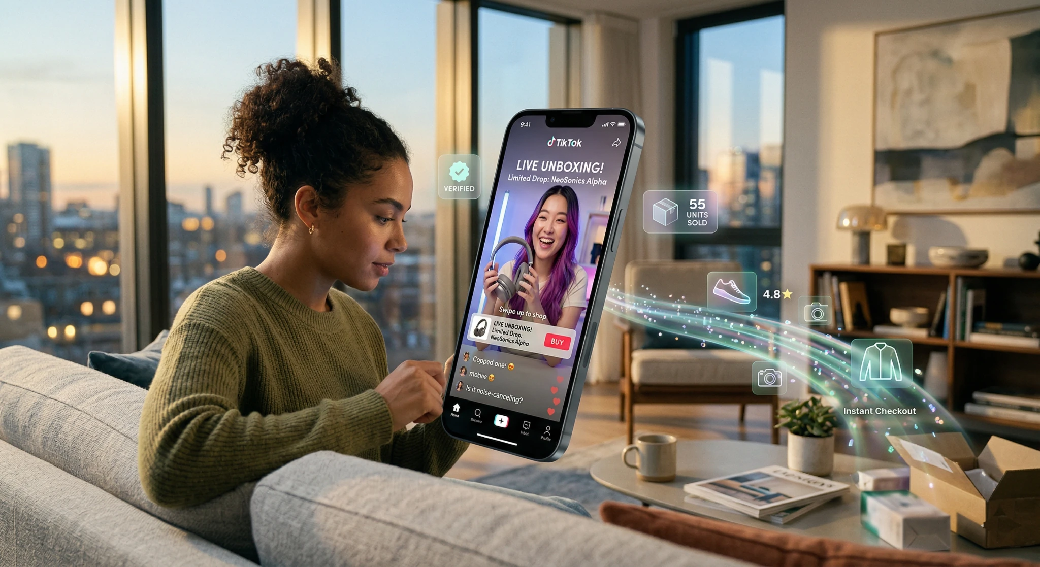 Ilustratie conceptuala despre Social Commerce in 2026, reprezentand procesul de cumparare directa dintr-un videoclip social media prin interfete integrate care permit achizitia instantanee fara a parasi aplicatia