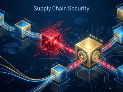 Vizualizare a riscului de propagare a unui atac in **Supply Chain** de la un furnizor catre partenerii de afaceri in 2026