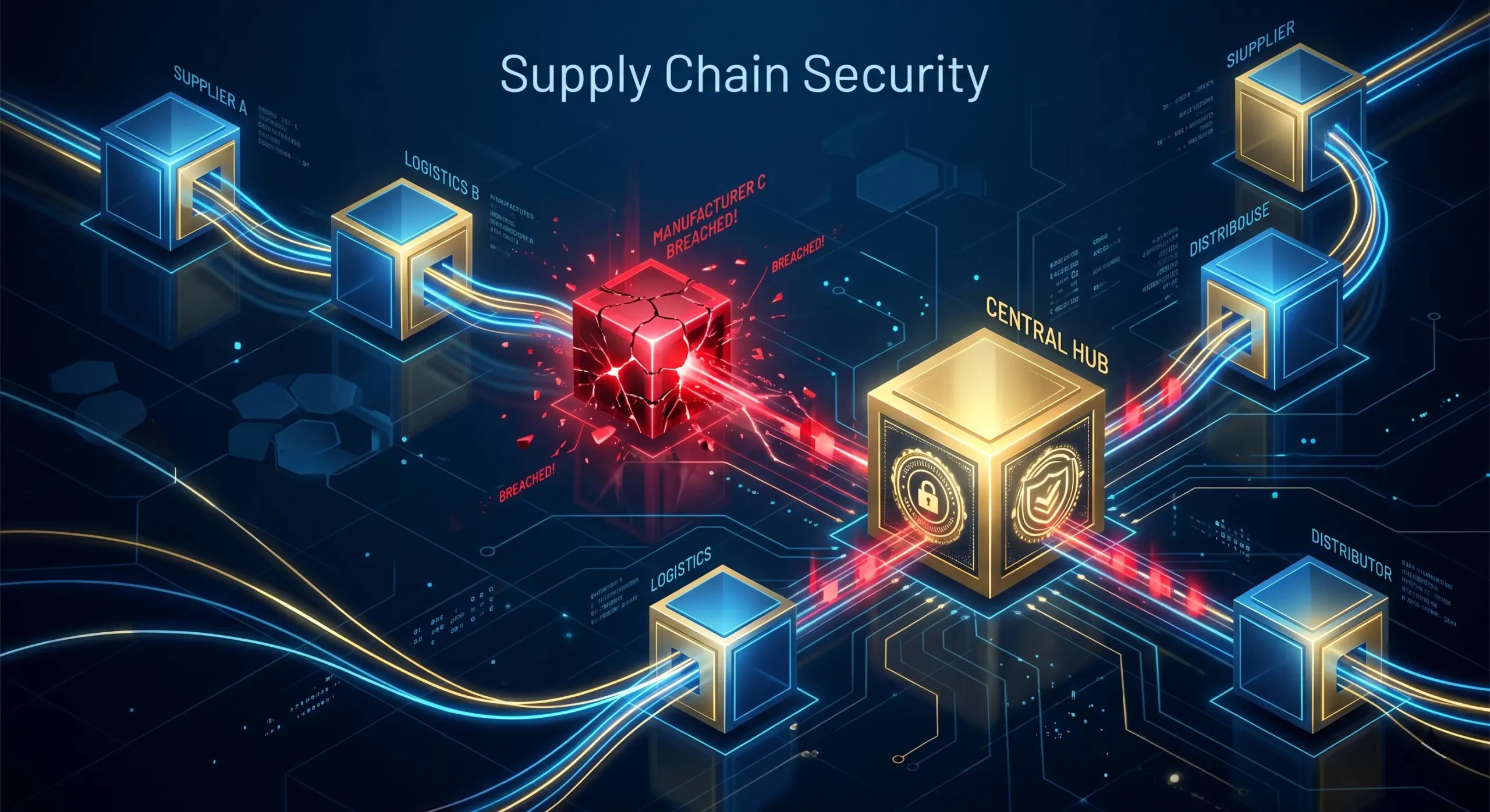 Vizualizare a riscului de propagare a unui atac in **Supply Chain** de la un furnizor catre partenerii de afaceri in 2026