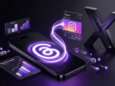 Ilustratie conceptuala Threads 2026 reprezentand cresterea rapida a platformei Meta si conexiunea sa directa cu Instagram, in contrast cu scaderea vizibilitatii pe platforma X
