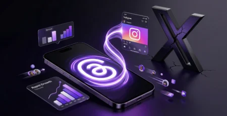 Ilustratie conceptuala Threads 2026 reprezentand cresterea rapida a platformei Meta si conexiunea sa directa cu Instagram, in contrast cu scaderea vizibilitatii pe platforma X