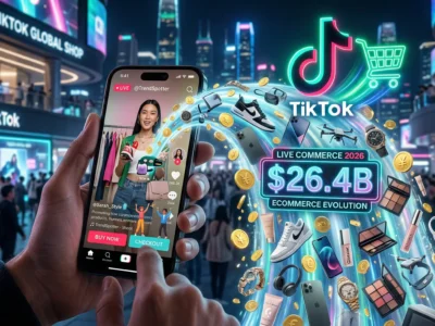 Ilustratie conceptuala despre evolutia TikTok in 2026, reprezentand un flux digital de produse si monede de aur care tasnesc dintr-un smartphone cu interfata TikTok Shop, simbolizând transformarea platformei intr-un gigant al e-commerce-ului cu vanzari de 26 de miliarde de dolari