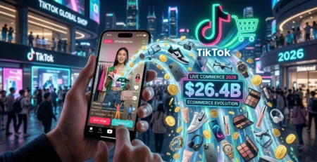 Ilustratie conceptuala despre evolutia TikTok in 2026, reprezentand un flux digital de produse si monede de aur care tasnesc dintr-un smartphone cu interfata TikTok Shop, simbolizând transformarea platformei intr-un gigant al e-commerce-ului cu vanzari de 26 de miliarde de dolari