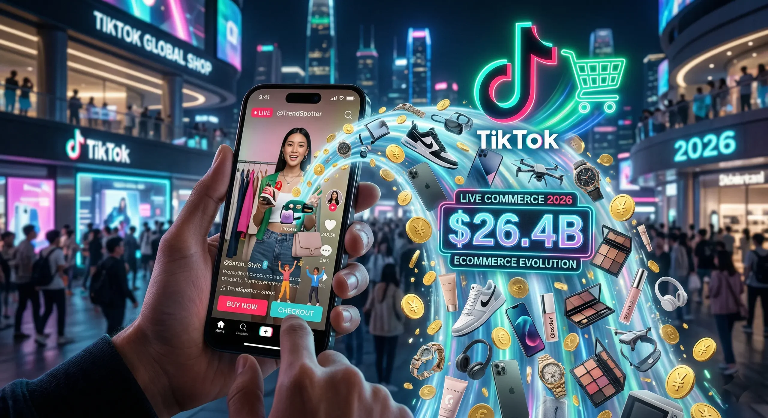 Ilustratie conceptuala despre evolutia TikTok in 2026, reprezentand un flux digital de produse si monede de aur care tasnesc dintr-un smartphone cu interfata TikTok Shop, simbolizând transformarea platformei intr-un gigant al e-commerce-ului cu vanzari de 26 de miliarde de dolari