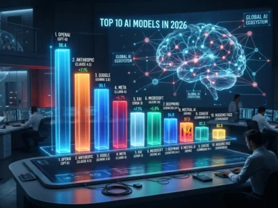 Ilustratie conceptuala reprezentand clasamentul celor mai bune **modele AI 2026**, vizualizand competitia stransa dintre GPT-5, Claude 4 si Gemini 3 pe piata globala a inteligentei artificiale