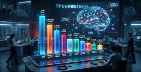 Ilustratie conceptuala reprezentand clasamentul celor mai bune **modele AI 2026**, vizualizand competitia stransa dintre GPT-5, Claude 4 si Gemini 3 pe piata globala a inteligentei artificiale