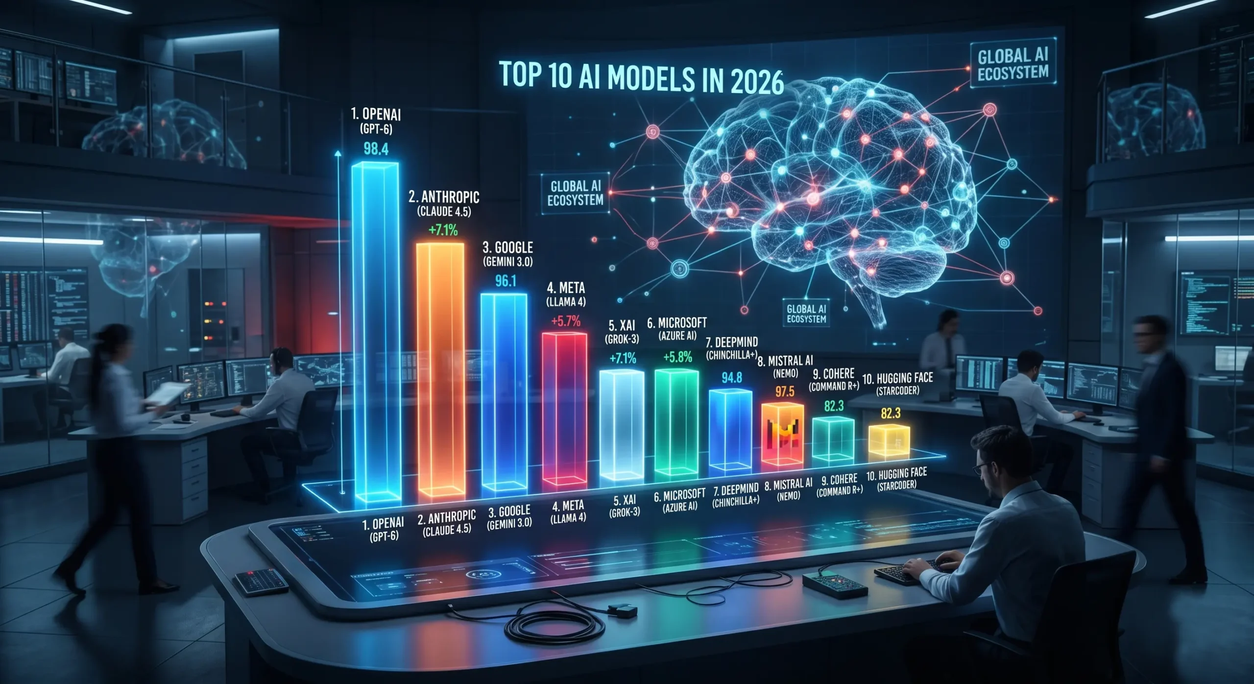 Ilustratie conceptuala reprezentand clasamentul celor mai bune **modele AI 2026**, vizualizand competitia stransa dintre GPT-5, Claude 4 si Gemini 3 pe piata globala a inteligentei artificiale