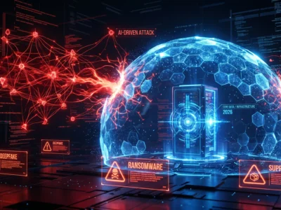 Vizualizare conceptuala a celor mai mari **amenintari de securitate cibernetica in 2026**, reprezentand lupta dintre atacurile AI si sistemele de aparare digitala