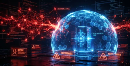 Vizualizare conceptuala a celor mai mari **amenintari de securitate cibernetica in 2026**, reprezentand lupta dintre atacurile AI si sistemele de aparare digitala
