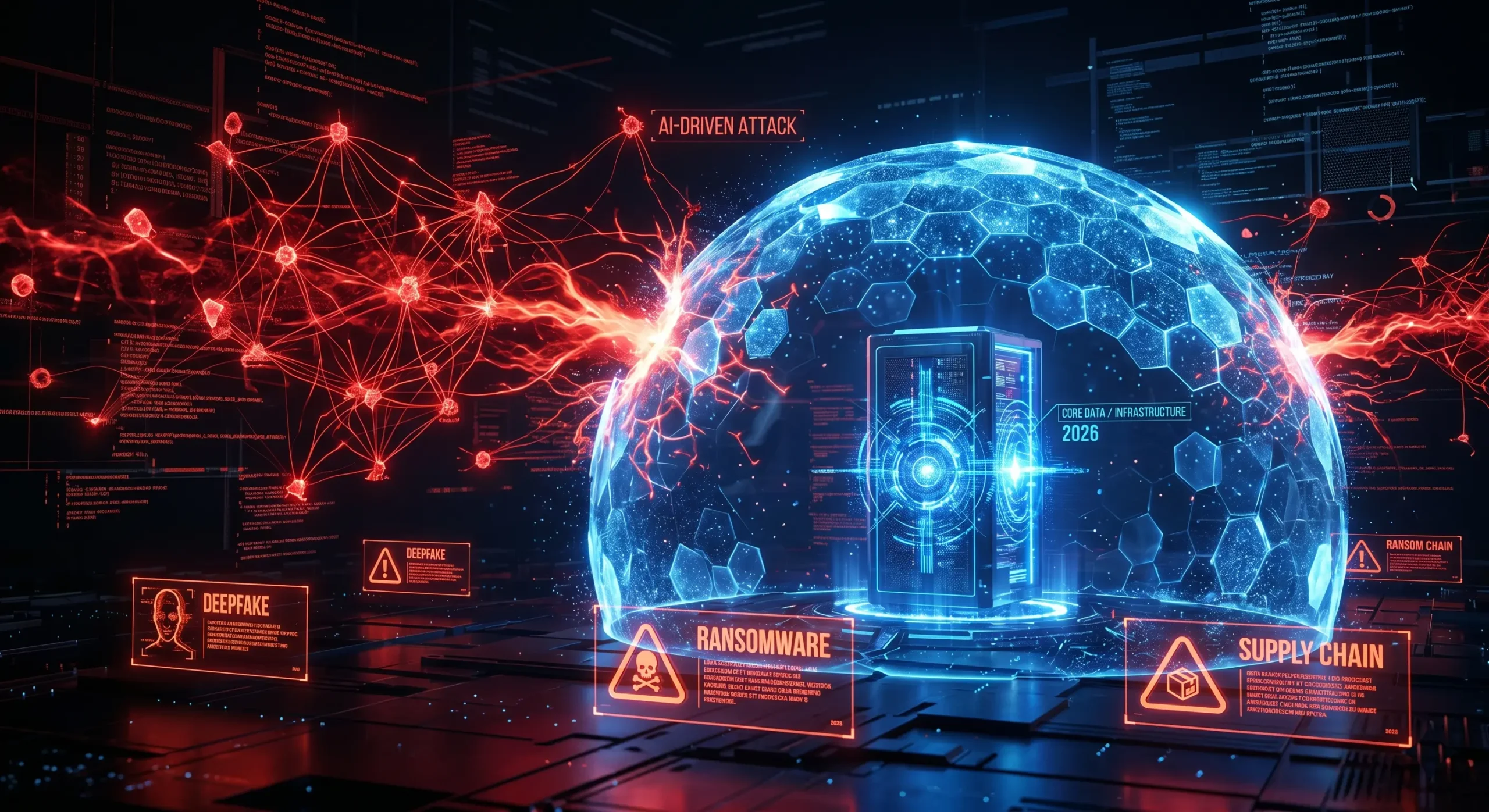 Vizualizare conceptuala a celor mai mari **amenintari de securitate cibernetica in 2026**, reprezentand lupta dintre atacurile AI si sistemele de aparare digitala
