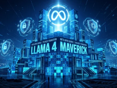 Vizualizare conceptuala a modelului **Llama 4 Maverick** ca o fortareata digitala, simbolizand securitatea si controlul datelor pentru afaceri in 2026