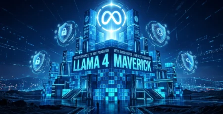 Vizualizare conceptuala a modelului **Llama 4 Maverick** ca o fortareata digitala, simbolizand securitatea si controlul datelor pentru afaceri in 2026