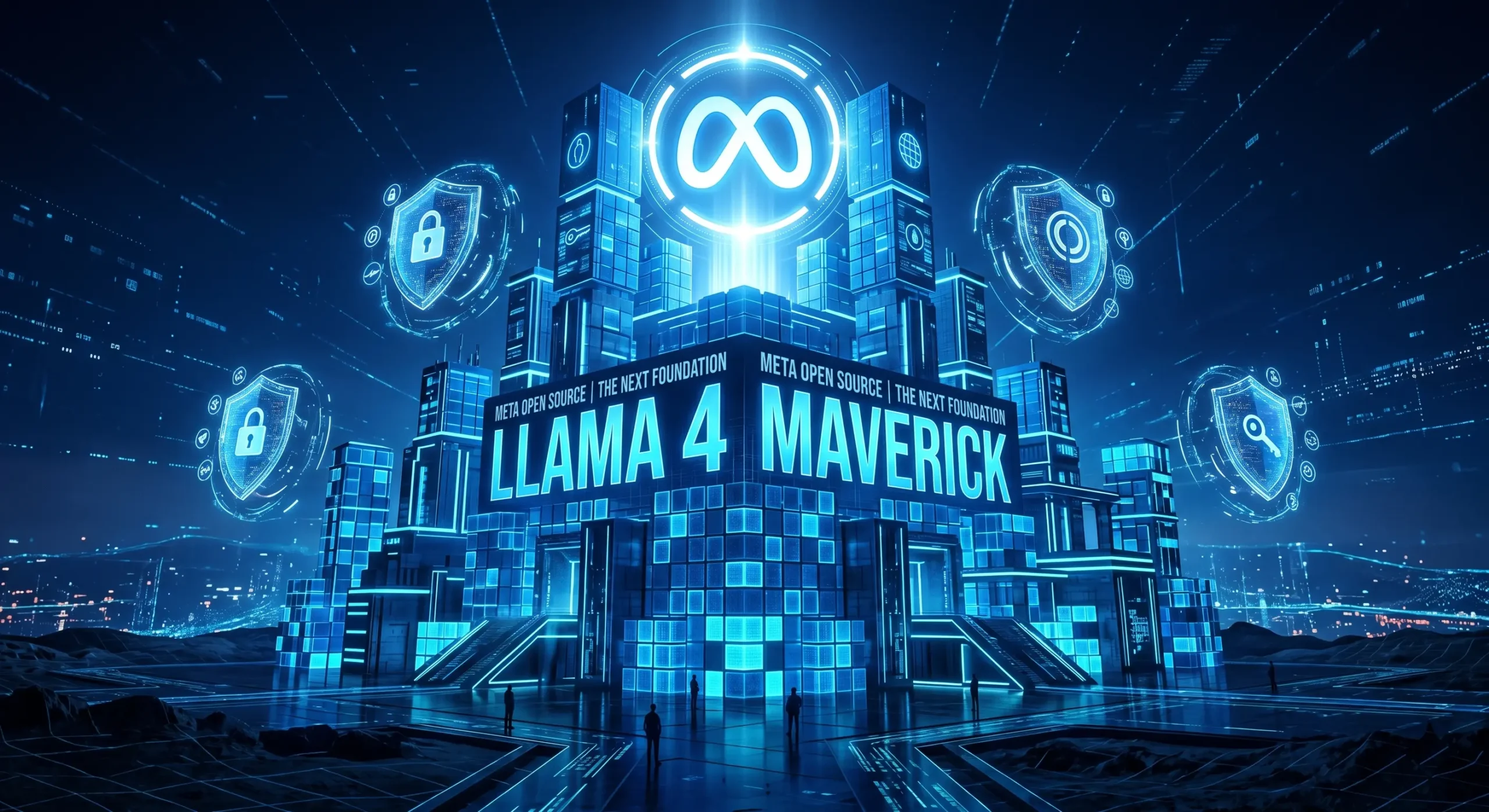 Vizualizare conceptuala a modelului **Llama 4 Maverick** ca o fortareata digitala, simbolizand securitatea si controlul datelor pentru afaceri in 2026