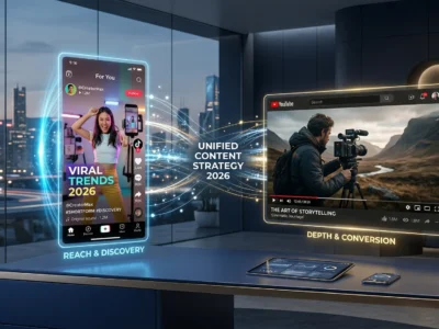 Ilustratie conceptuala reprezentand strategia de coexistenta pentru **video scurt vs lung 2026**, vizualizand modul in care firmele echilibreaza vizibilitatea rapida cu loializarea si vanzarile profunde