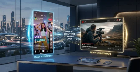 Ilustratie conceptuala reprezentand strategia de coexistenta pentru **video scurt vs lung 2026**, vizualizand modul in care firmele echilibreaza vizibilitatea rapida cu loializarea si vanzarile profunde