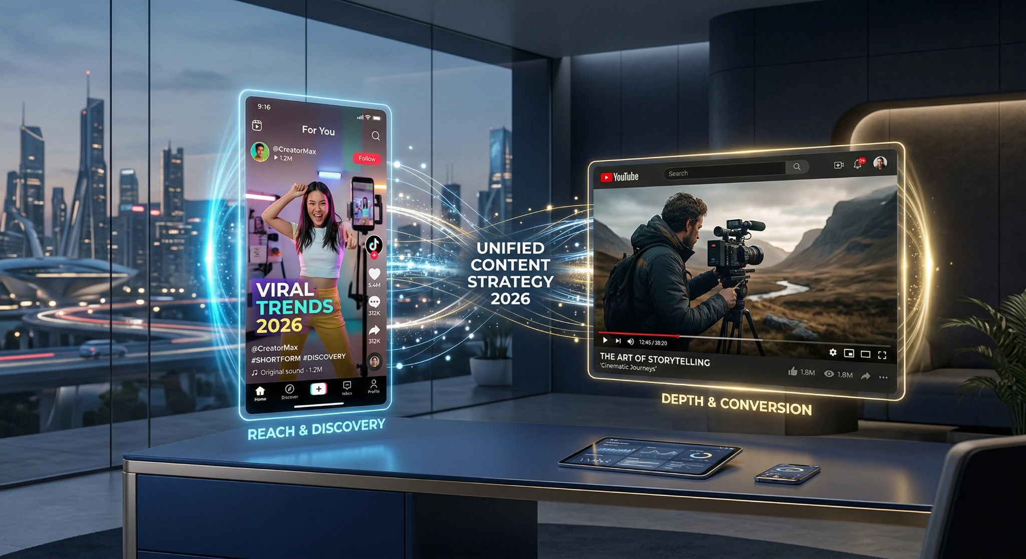 Ilustratie conceptuala reprezentand strategia de coexistenta pentru **video scurt vs lung 2026**, vizualizand modul in care firmele echilibreaza vizibilitatea rapida cu loializarea si vanzarile profunde