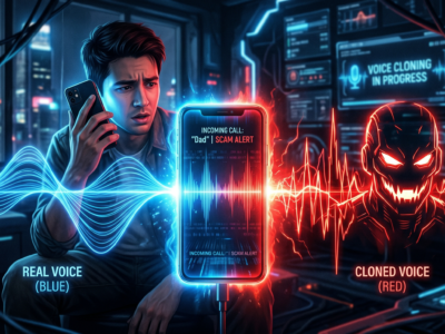 Reprezentare pentru **Vishing AI** și modul în care o **voce clonata** a unui **partener de afaceri** este folosită în fraude cibernetice în 2026