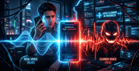 Reprezentare pentru **Vishing AI** și modul în care o **voce clonata** a unui **partener de afaceri** este folosită în fraude cibernetice în 2026