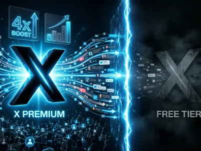 Ilustratie conceptuala despre platforma X in 2026, reprezentand prapastia de vizibilitate dintre abonatii Premium care primesc un boost de 4x si utilizatorii gratuiti ale caror postari raman limitate in feed