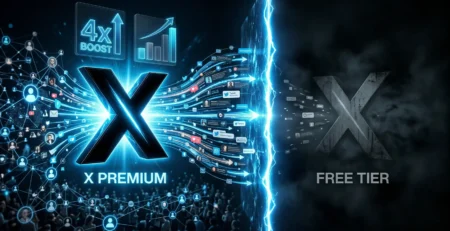 Ilustratie conceptuala despre platforma X in 2026, reprezentand prapastia de vizibilitate dintre abonatii Premium care primesc un boost de 4x si utilizatorii gratuiti ale caror postari raman limitate in feed