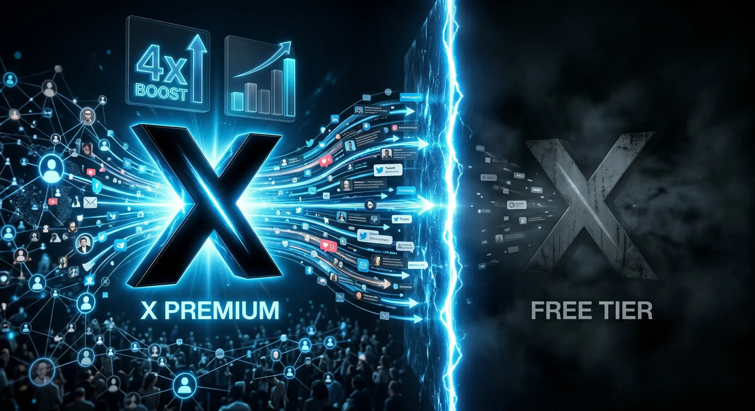Ilustratie conceptuala despre platforma X in 2026, reprezentand prapastia de vizibilitate dintre abonatii Premium care primesc un boost de 4x si utilizatorii gratuiti ale caror postari raman limitate in feed