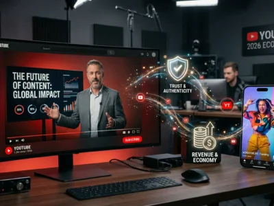 Ilustratie conceptuala YouTube 2026 reprezentand echilibrul dintre videoclipurile scurte pentru acoperire si formatul video lung pentru construirea autoritatii, increderii si veniturilor in afaceri