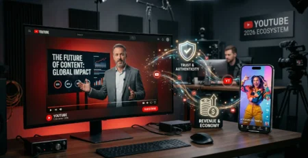 Ilustratie conceptuala YouTube 2026 reprezentand echilibrul dintre videoclipurile scurte pentru acoperire si formatul video lung pentru construirea autoritatii, increderii si veniturilor in afaceri