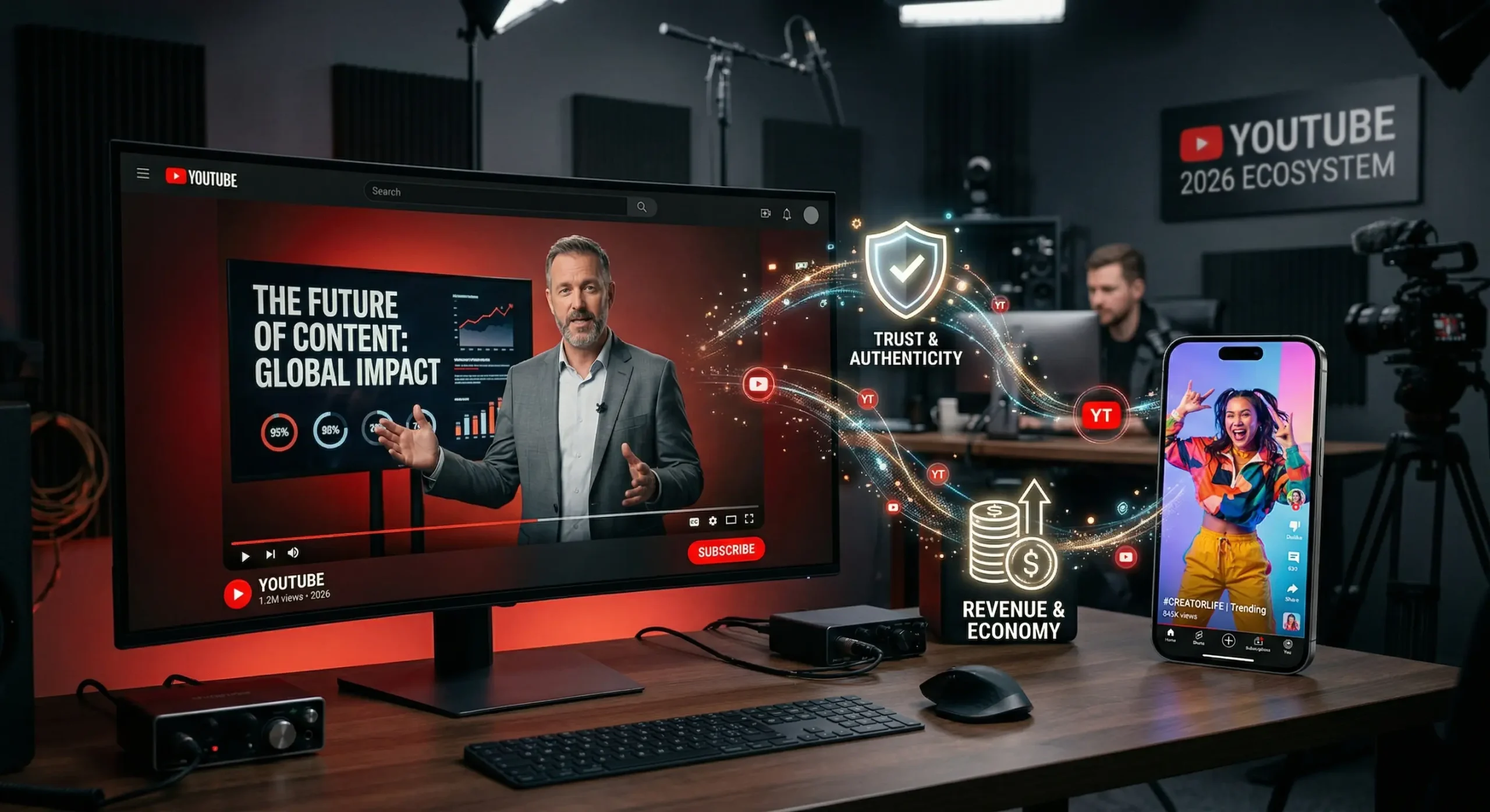 Ilustratie conceptuala YouTube 2026 reprezentand echilibrul dintre videoclipurile scurte pentru acoperire si formatul video lung pentru construirea autoritatii, increderii si veniturilor in afaceri