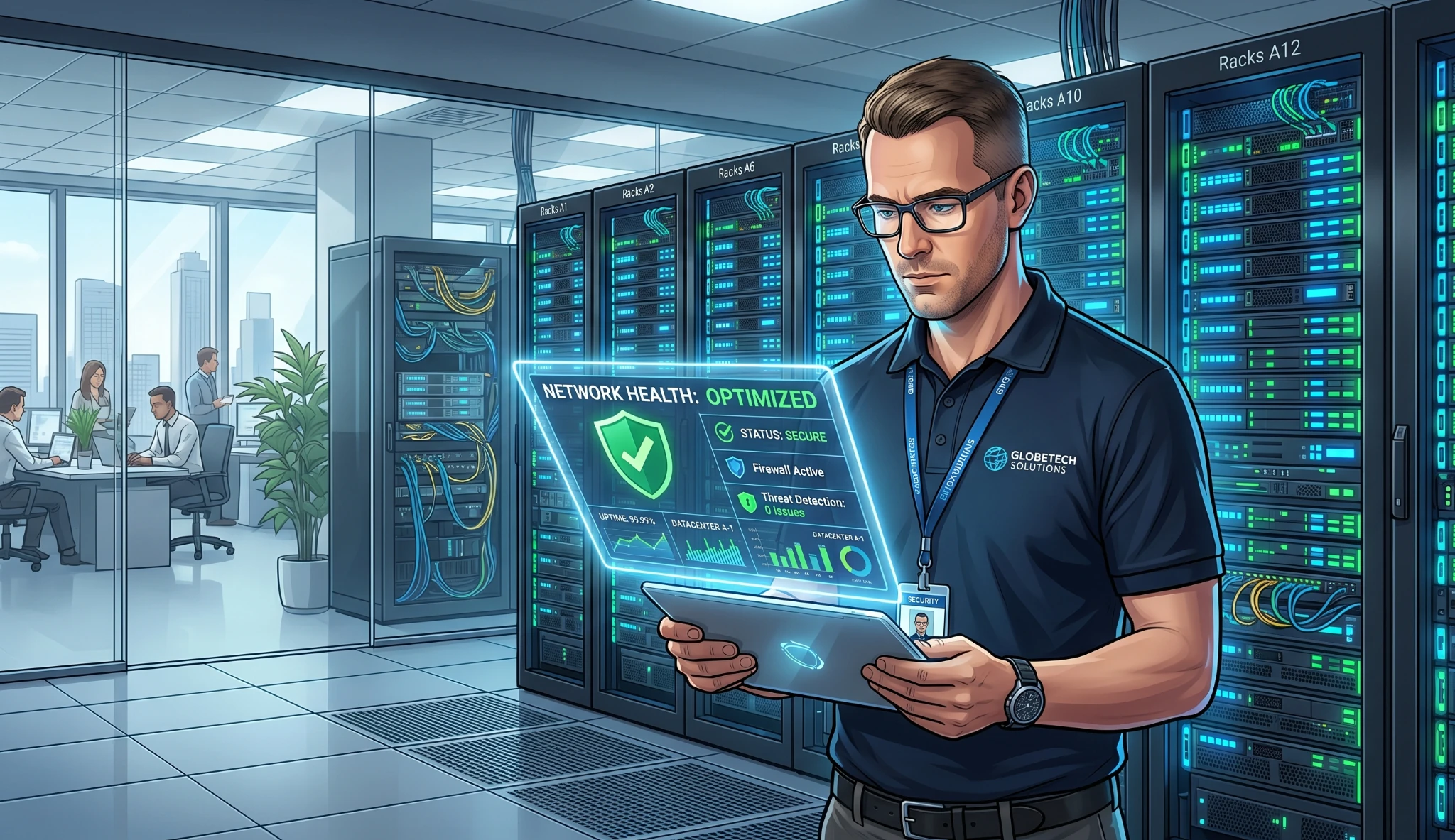 Vizualizare pentru un audit infrastructura IT profesional realizat pentru securitatea companiilor in 2026