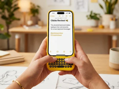 Vizualizare pentru Clicks Keyboard Phone si modul in care tastatura fizica pentru iPhone imbunatateste productivitatea in 2026