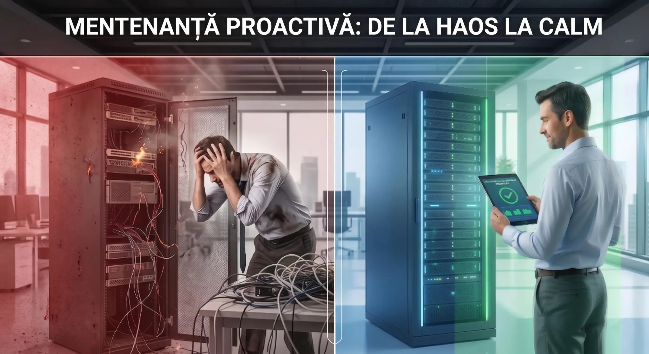 Vizualizare comparativa pentru mentenanta IT proactiva care previne caderile de retea si asigura productivitatea in 2026