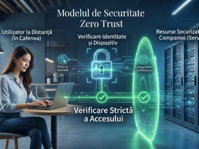 Vizualizare concept pentru arhitectura Zero Trust care asigura securizarea angajatilor ce lucreaza in sistem hibrid in 2026
