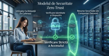 Vizualizare concept pentru arhitectura Zero Trust care asigura securizarea angajatilor ce lucreaza in sistem hibrid in 2026